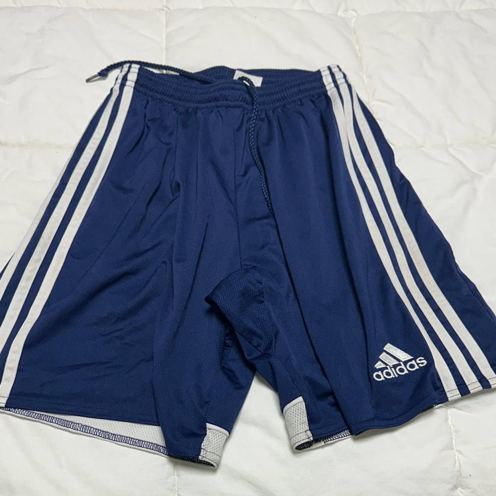 Adidas Men's Dark Blue Athletic Shorts with White Stripes
